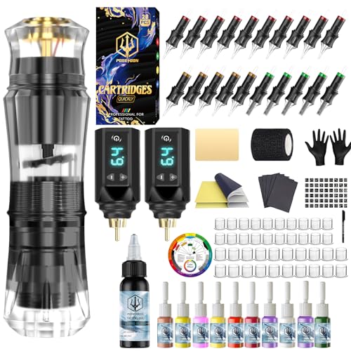 POSEIDON Akku-Rotary Tattoo Machine Kit mit 20 Tattoo-Kartuschennadeln, Tintenset & 2 Akkus | Professionelles Tattoo-Gerät für Anfänger | Komplettes Starter-Set