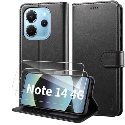 WAURZ Hülle für Xiaomi Redmi Note 14 4G, Handyhülle mit 2 Schutzglas Schutzfolie Hülle Schutzhülle Leder Klappbar Flip Case Kartenfach Ständer Handytasche Hüllen Etui Cover Klapphülle,Schwarz