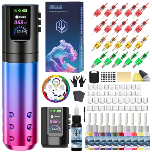 POSEIDON Tattoo Pen Kit, Kabelloses Tattoo-Machine-Set mit 2 Akkus & 20 Tattoo-Kartuschennadeln, LED-Display, Komplettes Tattoo-Zubehör für Anfänger