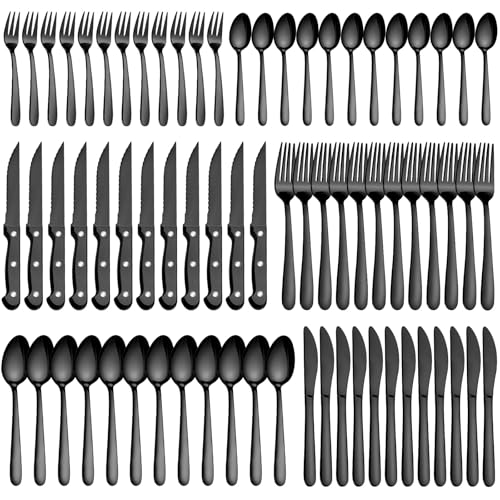 Besteck Set 12 Personen, Pleafind 72-teiliges schwarzes Besteck, Edelstahl BesteckSet mit Steakmesser, Besteck Set, inkl. Gabeln, Löffel, Messer, spülmaschinenfestes