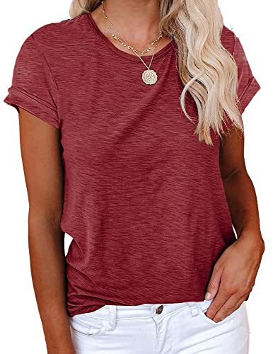 Cicy Bell T-Shirt Für Damen Sommer Kurzarm Oberteile Rundhals Casual Basic Shirts Tops Weinrot M