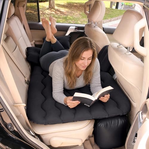 Plasaig Auto Luftmatratze 128x70cm Aufblasbare Matratze für Rücksitz & Kofferraum, Tragbares Auto Reisebett inkl. 2 Kissen, Dickere Kofferraum-Matratze für Camping, Draußen und Reisen Schwarz