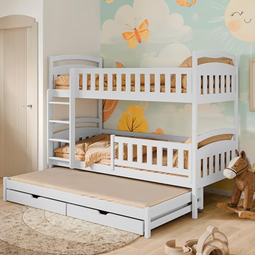 Hochbett 90x200 Etagenbett Kinderbett Jugendbett Stockbett 3 Kinder, zwei Schubladen & Rausfallschutz Kinder Bett umbaubar in 3 Einzelbetten | von 4. bis 16. Lebensjahr | inkl. Lattenrosten | weiß