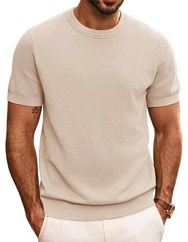 PJ PAUL JONES T Shirts Herren Kurzarm Elegant Strick T-Shirts mit Rundhals Aprikose L
