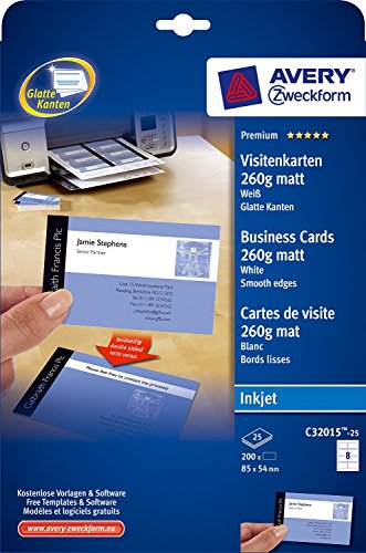 AVERY Zweckform C32015-25 Premium Visitenkarten, blanko (200 Stück, 260g, 85x54 mm, beidseitig bedruckbar, matt weiß, absolut glatte Kanten, 25 Blatt) zum Selbstbedrucken auf Inkjet-Druckern