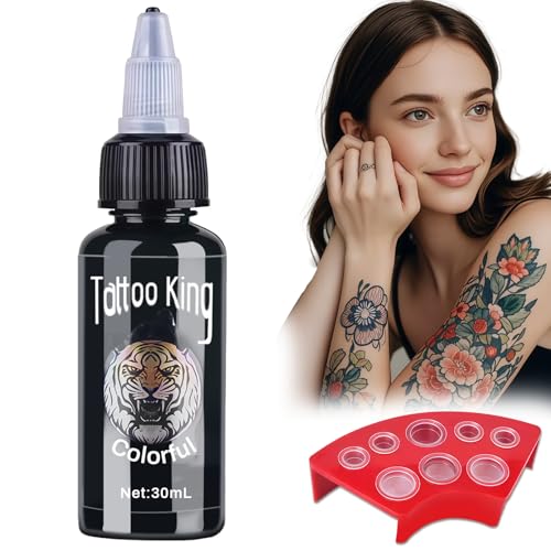 30ml Tattoo Farbe Black, Tattoo Ink mit Tattoo-Tintenbecher und Cups Halterungen, Tattoo-Zubehör Pigment, Waschbar und Wiederverwendbar, Geeignet für Tätowierungen, Make -up, Schwarz