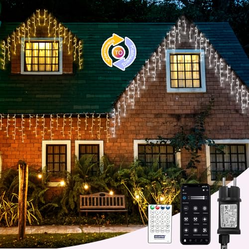 Eisregen Lichterkette mit App Steuerung, Lichterkettenvorhang mit musikalischem Rhythmus, IP44 wasserdicht, 17 Modi, App-Timer & Fernbedienung für Wohnzimmer Hochzeit Weihnachten Party Halloween