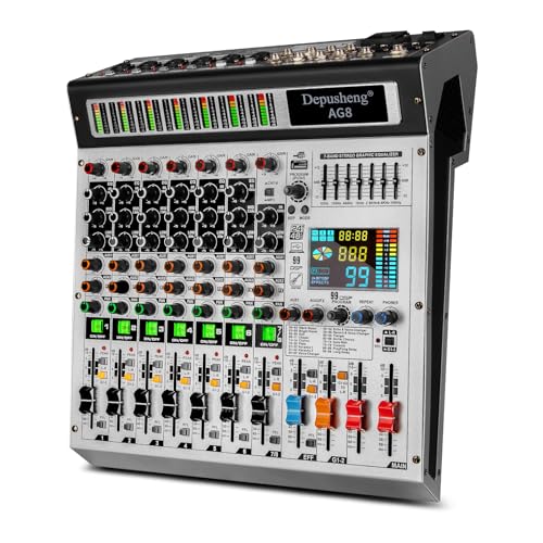 Depusheng AG8 Professioneller DJ-Mixer 8 Kanäle 99 DSP Echo Audio Soundmixer mit MP3 USB Bluetooth 48V Phantomspeisung Gruppierung und 2 AUX Schnittstellen für die Aufnahme von DJ Bühnen Karaoke