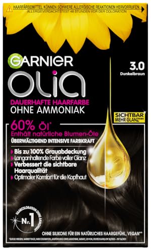 Garnier Olia Dauerhafte Haarfarbe 3.0 Dunkelbraun, ohne Ammoniak, permanente Coloration, bis zu 100% Grauabdeckung, langanhaltende strahlende Farbe bis zu 8 Wochen, intensiver Glanz, 3 x 1 Stück