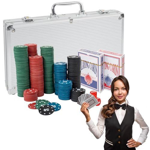 H&F Heimtextilien Pokerkoffer Set 300 Chips – Komplettes Poker Spielset mit Karten Würfeln & Dealer-Button im Aluminiumkoffer – Für Einsteiger & Fortgeschrittene