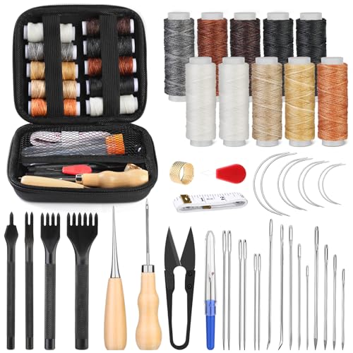Riddur 46-teiliges Leder-Nähset, Leder-Nähwerkzeug-Set mit 4-mm-Schnürnähmeißel, gewachstem Garn und Nähnadeln mit großem Öhr für Lederhandwerksprojekte, Diy-Näharbeiten