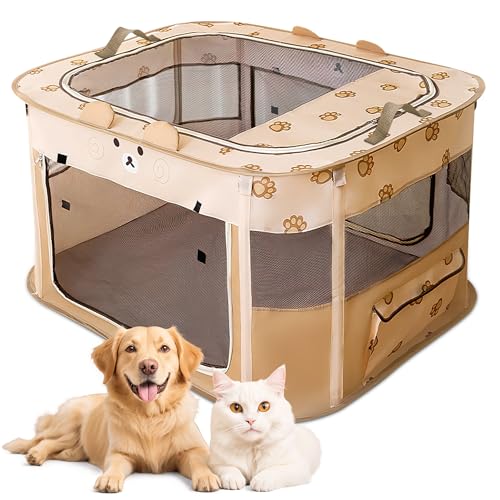 ALLSOPETS Welpenauslauf Faltbarer Laufstall Hund Katze, Tragbarer Welpenlaufstall Hundebox Freigehege mit Tragetasche für Innen, Außen, Reisen und Camping (Brauner Bär, XL)