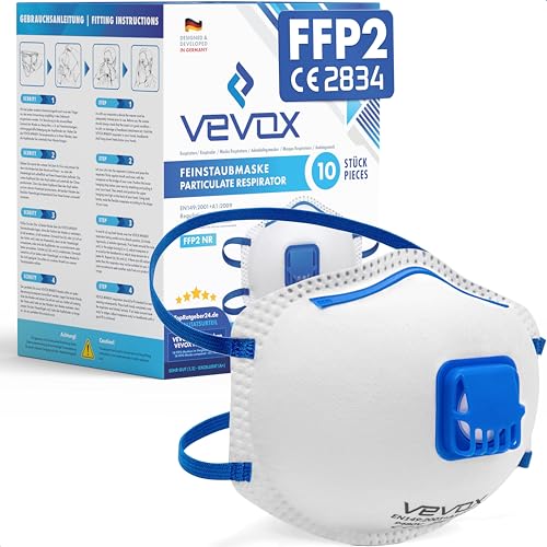 VEVOX® FFP2 Maske mit Ventil – 5er, 10er oder 20er Set – Staubmaske – Atemschutzmaske – Staubschutzmaske – Feinstaubmaske – Atemschutz z.B. gegen Feinstaub, Schleifstaub oder Baustaub