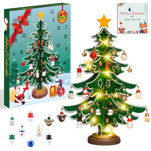 Etopgo Adventskalender 2026, Hölzerner Weihnachtsbaum und 30 Ornamenten, 24 Tage Weihnachten Countdown Adventskalender für Erwachsene, Jungen, Mädchen Weihnachtsdeko Anhänger
