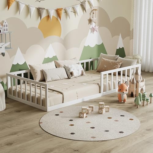 VitaliSpa Bodenbett Minno 90x200, Kinderbett aus Metall, Montessori Bett mit Rausfallschutz, niedrige Einstiegshöhe, Weiß