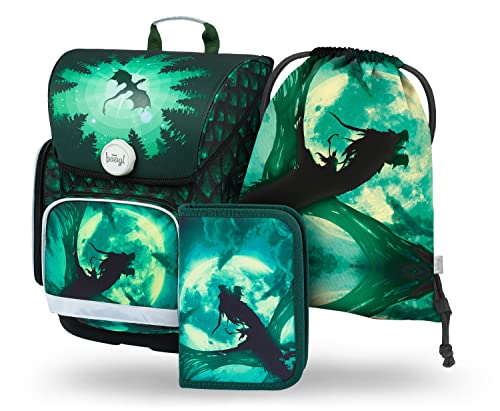 Baagl Schulranzen Jungen Set 3 Teilig, Ergo Schultasche für 1. Klasse, Ergonomische Grundschule Ranzen Tornister mit Brustgurt (Drache)