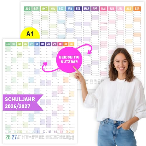 heaven+paper Schuljahresplaner 2026/2027 | Schuljahreskalender 26/27 A1 | Wandkalender 2026 2027 aus FSC Naturpapier | Jahresplaner | Made in Germany (Rainbow, A1)