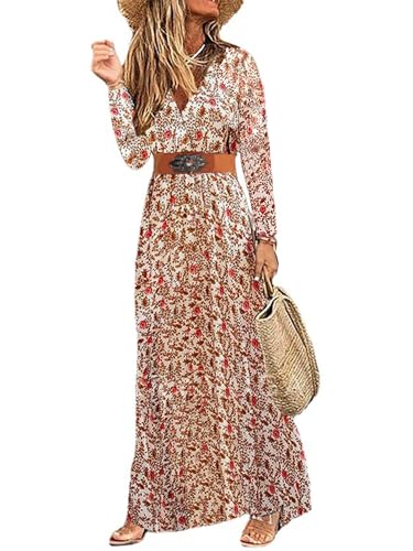 MessBebe Damen Boho Blumendruck Maxi Kleid V-Ausschnitt Langarm High Taille Sommerkleid Herbst mit Gürtel Rot M