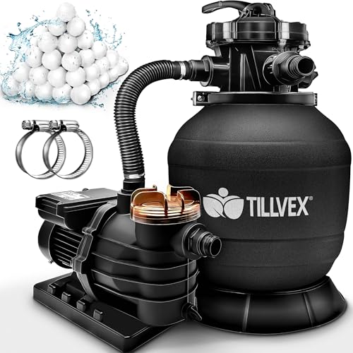 tillvex® Sandfilteranlage Pool 13.200L/h bis 40.000L + 1200g Filterbälle | Filteranlage 7-Wege Ventil & 2in1 Adapter Ø32-38mm | Poolfilter Selbstansaugend | Sandfilter Schwimmbecken (Schwarz)