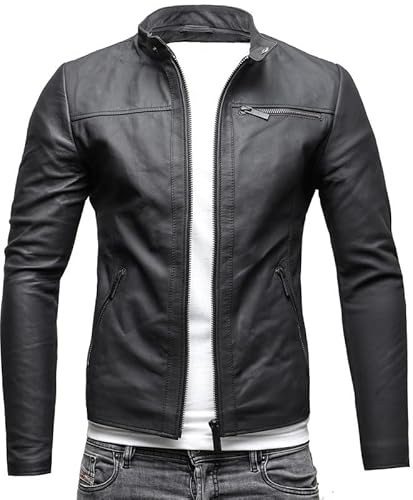 Crone Epic Herren Lederjacke Cleane Basic Leder Jacke in vielen Varianten und Farben (DE/NL/SE/PL, Alphanumerisch, L, Regular, Regular, Matt Schwarz (Schafsleder))