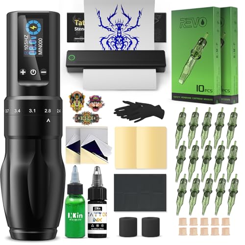 INKin Tattoo Maschine Set, Kabelloser Tätowiermaschine mit Verstellbare Anschläg und 1600mAh Batterien, Tattoo Zubehör Set Komplett mit Tattoo Drucker Bluetooth,Stencil Stuff,Tattoo Farbe und Nadeln