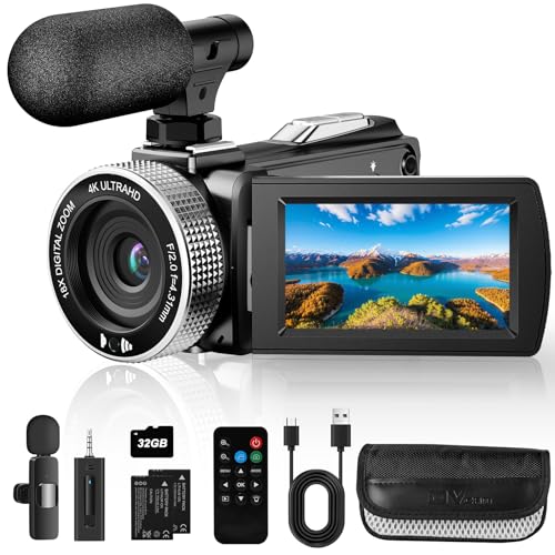 4K Videokamera, 48MP Camcorder mit 270° drehbarem 3-Zoll-IPS-Bildschirm, Funkmikrofon & Kabelmikrofon, 2 wiederaufladbare Akkus, Fernbedienung, Videokamera für Vlogging, Reisen und Familienaufnahmen