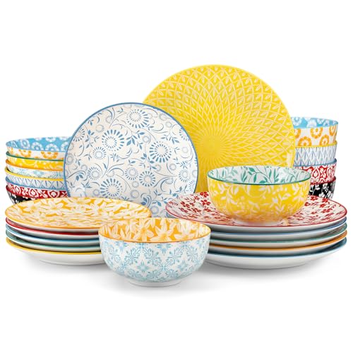 vancasso SELENE Geschirrset 6 Personen, 24-tlg Tafelservice aus Pastell Porzellan, Geschirr set mit 6 Speiseteller, Dessertteller, Suppenteller und Müslischalen, Mikrowellengeeignet