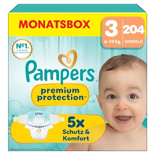 Pampers Premium Protection Größe 3, 204 Windeln, 6kg-10kg, unser Nr. 1 Haut- und Auslaufschutz
