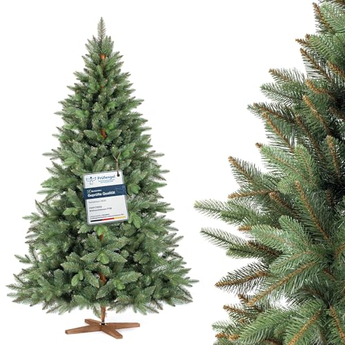 FAIRYTREES Weihnachtsbaum künstlich, Nordmanntanne Premium 180 cm, Naturgetreue Spritzguss Elemente, Made in EU, Künstlicher Weihnachtsbaum mit handgefertigtem Ständer aus Eschenholz