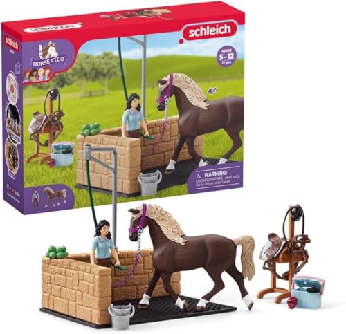 Schleich Horse Club | Waschplatz mit Horse Club Emily & Luna 42438 | Set mit Figuren, vielen Funktionen und zahlreichem Zubehör | Geschenk für Mädchen und Jungen | Spielset ab 6 Jahren | 19 Teile