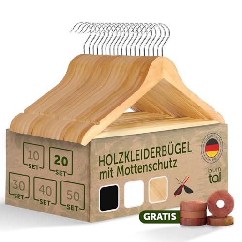 Blumtal Kleiderbügel Holz 20er Set - Holzbügel mit 360° drehbarem Metallhaken - Bügel aus robustem Holz mit Zedernholz Mottenschutz - Holzkleiderbügel mit Anti-Rutsch-Schicht & Einkerbungen - Hangers