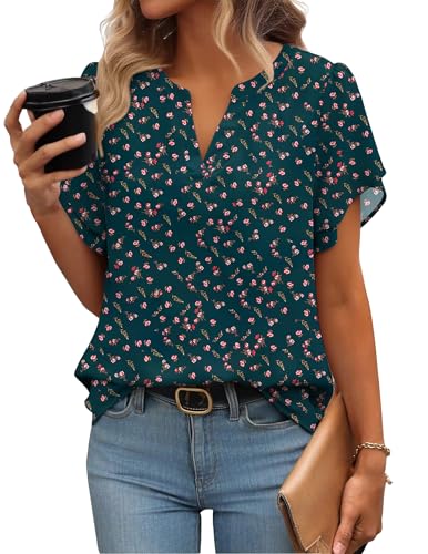 Zeagoo Damen Bluse Chiffon Elegant Sommer Oberteile V-Ausschnitt Kurzarm Tunika Shirts Flatter Mesh Doppellagige Oberteil Dunkelgrün Geblümt XXL