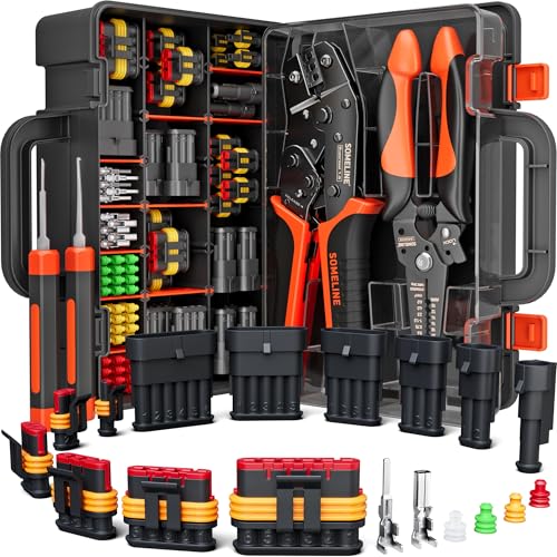 SOMELINE Crimpzange Wasserdicht Kfz Stecker Set, Crimpzange [0,34–2,5mm²], mit 1/2/3/4/5/6 Pin Kabelsteck Kfz – Wasserdichter Kabelstecker, Autostecker, Wasserdichter Steckverbinder