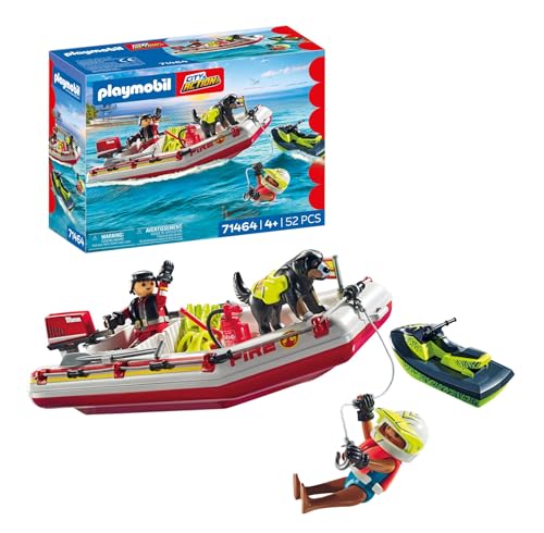 PLAYMOBIL | City Action | Feuerwehrboot mit Aqua Scooter | Aufregende Wasserrettung | Inklusive Taucherbrille, Schwimmflossen und Rettungsweste | Für Kinder ab 4 Jahren | 71464