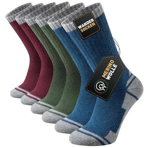 Stoeury Merino Socken Herren Damen, Dicke Wandersocken, Gepolsterte Anti Blase Wollsocken, Atmungsaktiv Merinowolle Trekkingsocken Sportsocken Outdoor Socken, 3 Paar, Mehrfarbig 43-46