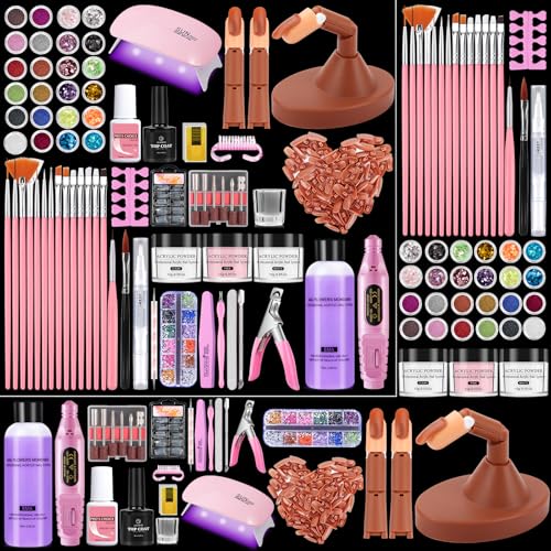 Acryl Nagelset Starterset für Anfänger: Acryl Nägel Starterset mit Acrylpulver 3 Verstellbare Übungsfinger UV Lampe Nagelfräser - Acryl Pulver Nails Nägel Selber Machen Nagelstudio Set in Tasch