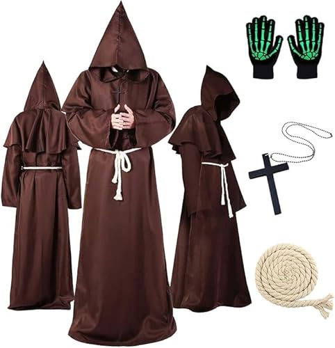 Ywwltt Mönch Kostüm Herren mit Kapuze und Kreuz, Mittelalter Mönch Kostüm Männer, Priester Gewand Karneval Herren, für Karneval, Fasching, Halloween, Cosplay & Mottoparty