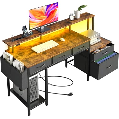 Rolanstar Schreibtisch mit Steckdose, Computertisch mit 5 Schubladen, LED, Aufbewahrungstasche & Monitorständer, Moderner Eckschreibtisch für Homeoffice & Gaming (Vintagebraun)