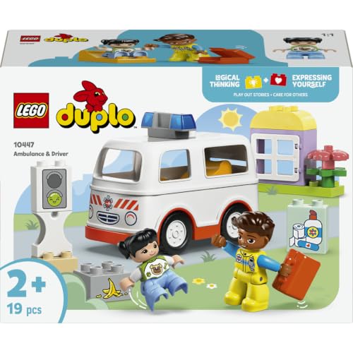 LEGO DUPLO Rettungswagen mit Fahrer 10447 | Spielzeug ab 2 Jahren für Jungen und Mädchen, Rettungswagen mit Auto, Haus & 2 Figuren, Geschenk für Kleinkinder, 19 Teile