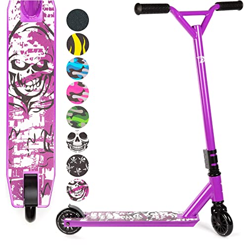 Land Surfer Stunt Scooter - Stunt Roller für Kinder ab 8 Jahren und Junge Erwachsene mit 360 Grad Deck, 100 mm High PU-Räder mit ABEC-9 Kugellager und Geschenkbox - Lila Schädel