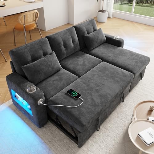 Merax Sofa Ecksofa mit Schlaffunktion und Bettkasten, Praktisches Schlafsofa mit Stauraum, LED-Beleuchtung, USB/Typ-C und 2 Getränkehalter, Ausziehbares Schlafcouch L-Form, Chenille Stoff, Grau