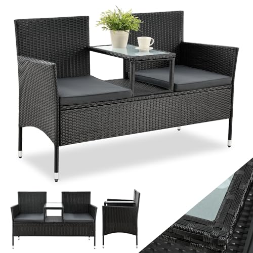 Juskys Polyrattan Gartenbank Monaco - 2-Sitzer Bank mit Tisch & Kissen - 133x63x84 cm - Rattan Sitzbank wetterfest Garten Balkon - schwarz