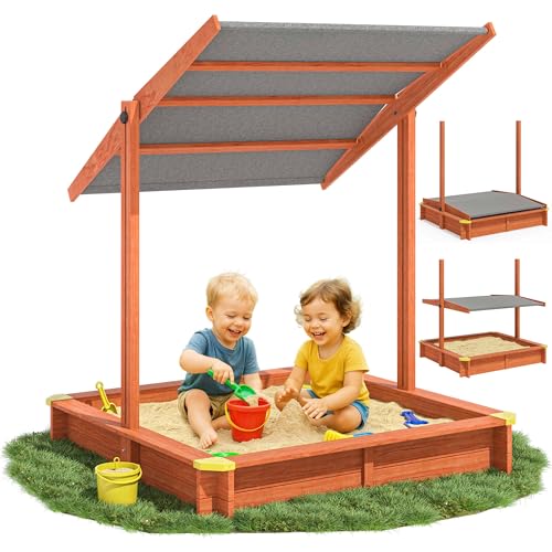 Spielwerk® Sandkasten Sami Sonnendach 120x120cm imprägniertes Holz Füllstand Skala UV 50+ Kantenschutz Bodenvlies Sandspielzeug Kinder Sandbox Sandkiste