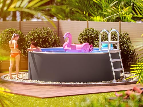 poolomio® Stahlwandpool rund 360 x 120 cm Graphite/Weiß | Robuster Gartenpool als Aufstellbecken oder Einbaupool | Aufstellpool Komplettset mit Innenfolie 0,5 mm, Skimmer & Einlaufdüse