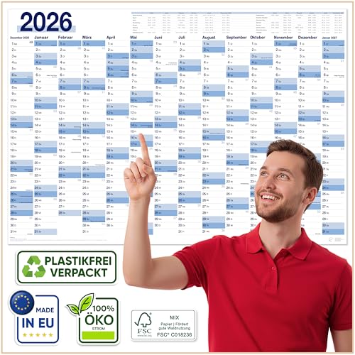 UNITURE® Wandkalender 2026 XXL – Großer Jahresplaner & Terminplaner für Büro, Schule & Familie | Übersichtlicher Jahreskalender 2026 I Wandkalender 2026 groß gefalzt I Calendar 66 x 96 cm