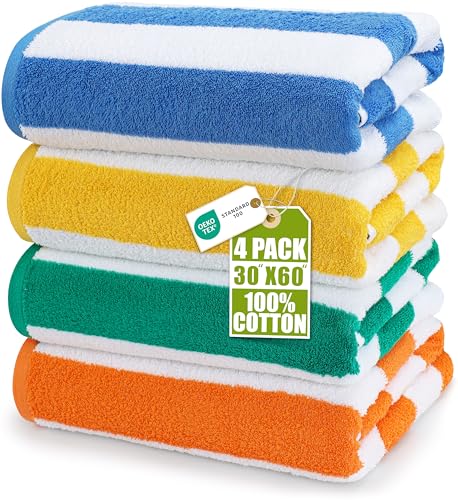 Utopia Towels - Große Strandtücher Cabana-Streifen (76 x 152 cm) - 100% gesponnene Baumwolle, weich und saugfähige Handtücher (4er-Pack, Blau, Gelb, Grün und Orange)