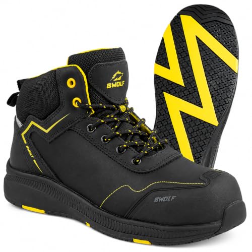 BWOLF Phoenix Arbeitsschuhe Herren S3 High Sicherheitsschuhe Herren S3 Nabuk wasserdicht, rutschhemmend 4x4 Grip Tech, Ergo Sohlen (Schwarz/Gelb, EU Schuhgrößensystem, Erwachsene, Numerisch, M, 43)