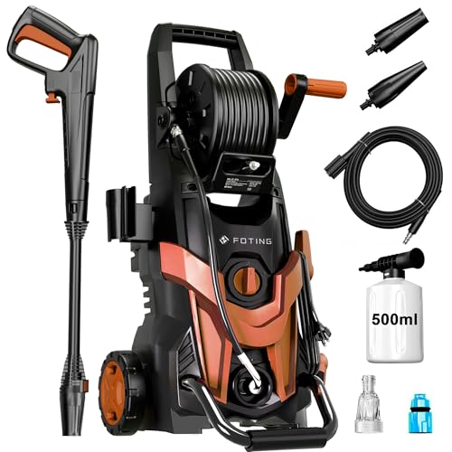 Hochdruckreiniger 180 Bar, 6-in-1-Düse, Fördermenge: 420l/h, Flächenleistung: 50m²/h, Wassersparend, mit Schaumkanone und Schlauchtrommel, Autos und Einfahrten