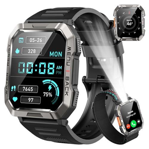 Smartwatch Herren Militär, 100 Tage Akkulaufzeit/LED Taschenlampe/Kompass/2 Armbänders/IP68 Wasserdicht, 100+Sportmodi Sportuhr, Anrufe tätigen/Empfangen Smartwatch Outdoor Fitnessuhr für Android iOS