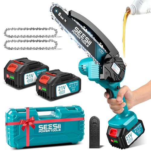 SEESII Mini Kettensäge mit Akku 8000mAh 6 Zoll, Akku Kettensäge mit Automatischer Öler und Ersatzkette, Handkettensäge Akku für Gartenscheren Astschere Holzschneidenz